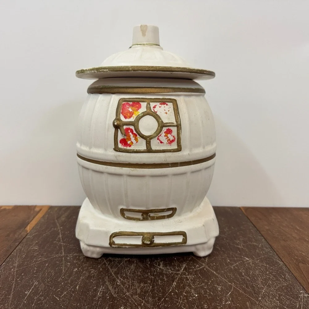 Vintage‎ Ceramic Wood Stove Cookie Jar White Gold Detail Cottagecore
